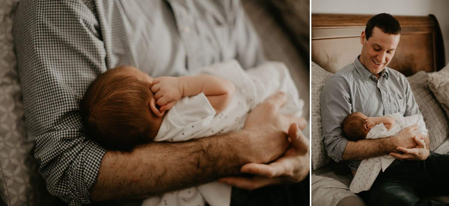 Lifestyle Newborn Photos: Left / A newborn baby sleeps soundly in their father's arms, one tiny fist tucked up beside their cheek. Right / A new dad proudly holds his newborn as he reclines on the bed at home.