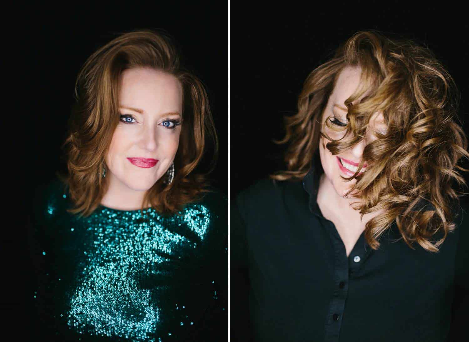 Two studio portraits depict the same woman with two looks. In the first looks, she's glamorously done-up with wavy hair and a green sequined dress. In the second shot, her hair is wildly curly and she wears a black cotton henley.