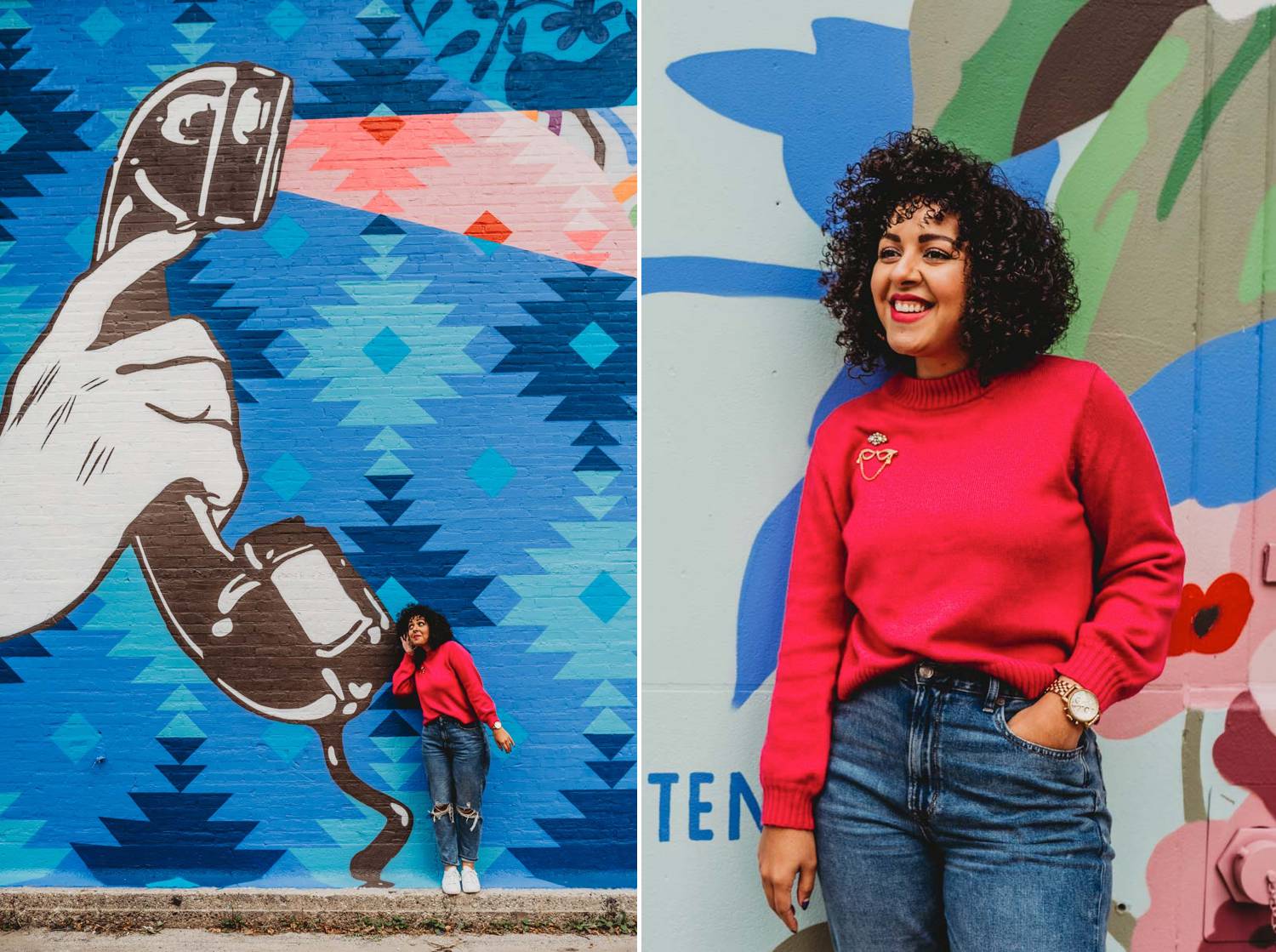 A small business owner wearing jeans and a pink sweater stands in front of a graffiti wall in downtown Atlanta