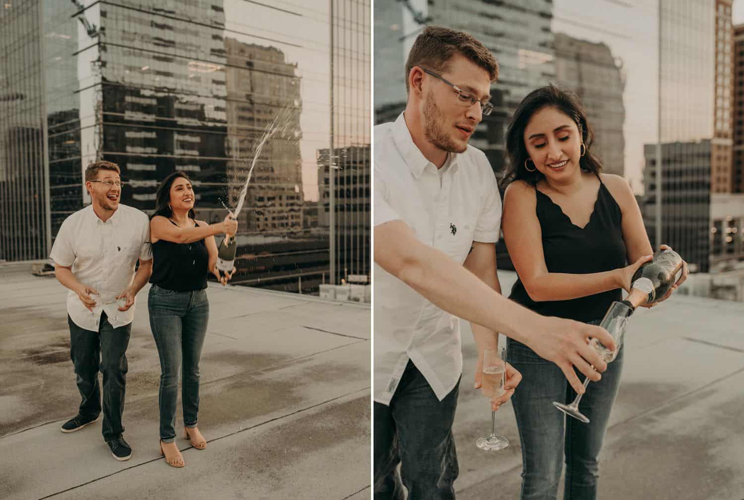 A couple pops a bottle of champagne and celebrates with drinks on a city rooftop