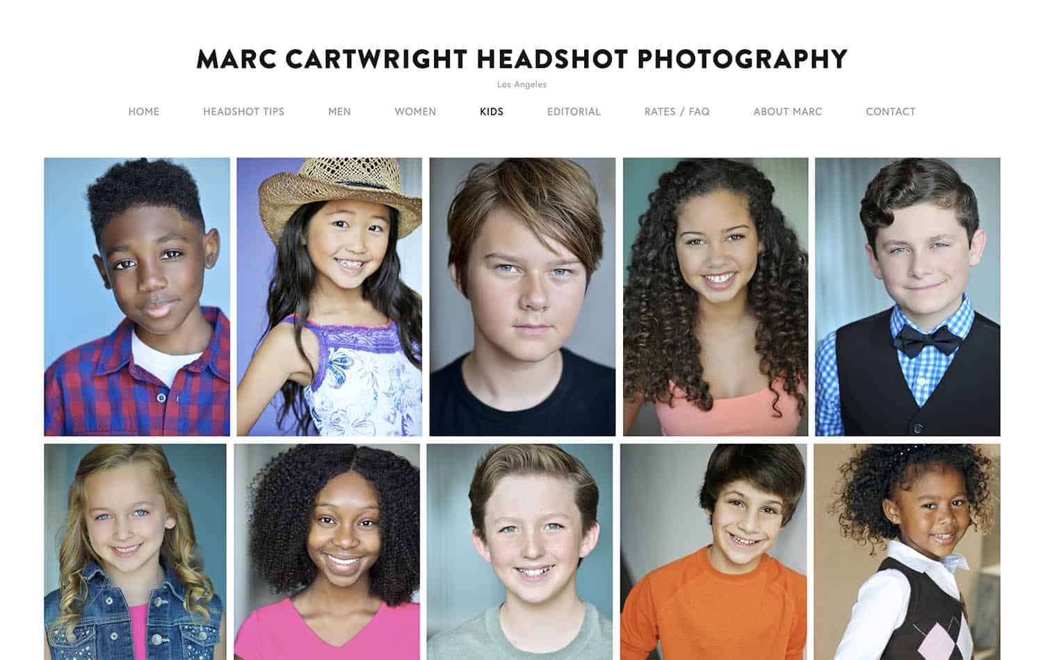 This page of Marc Cartwright's website showcases his kids' headshots. Ten close-up portraits of young people of varying ethnicities are featured below his logo.