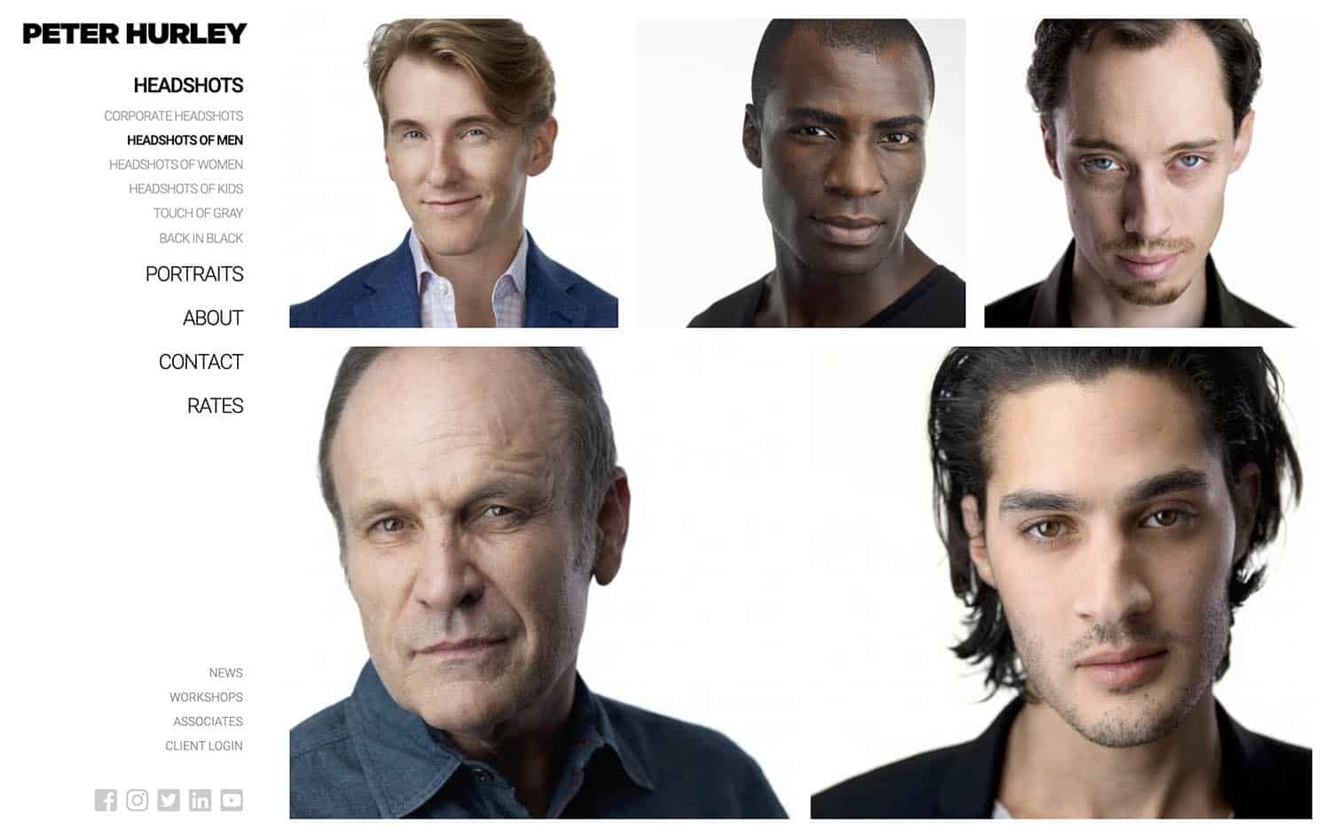 A page on Peter Hurley's website showcases headshots of men photographed in a studio against a white backdrop.