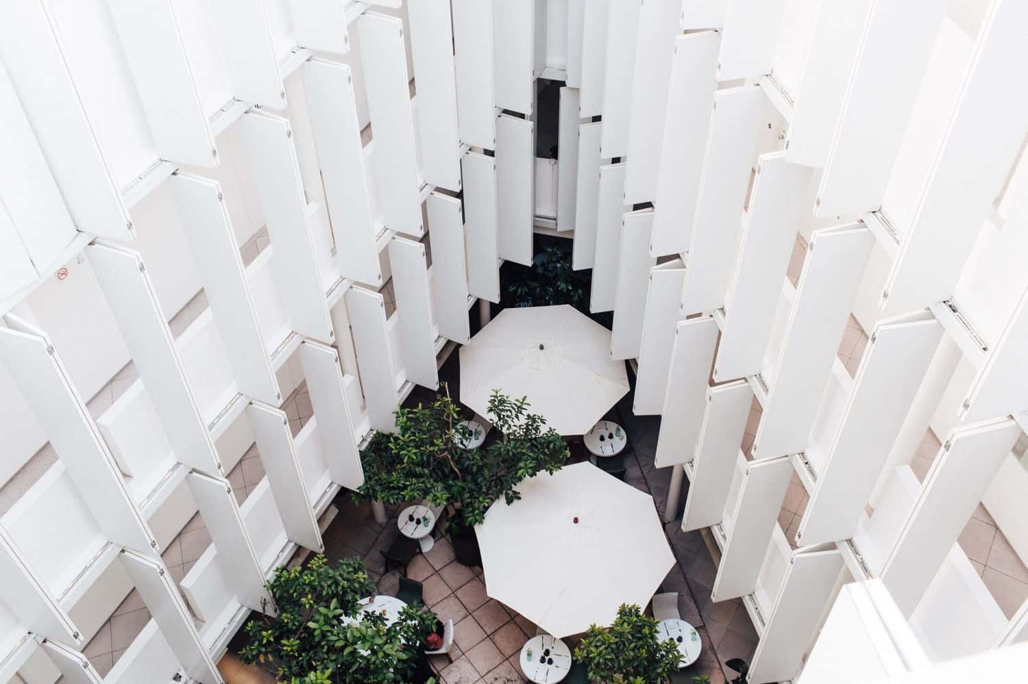 birds-eye view of a whitewashed atrium