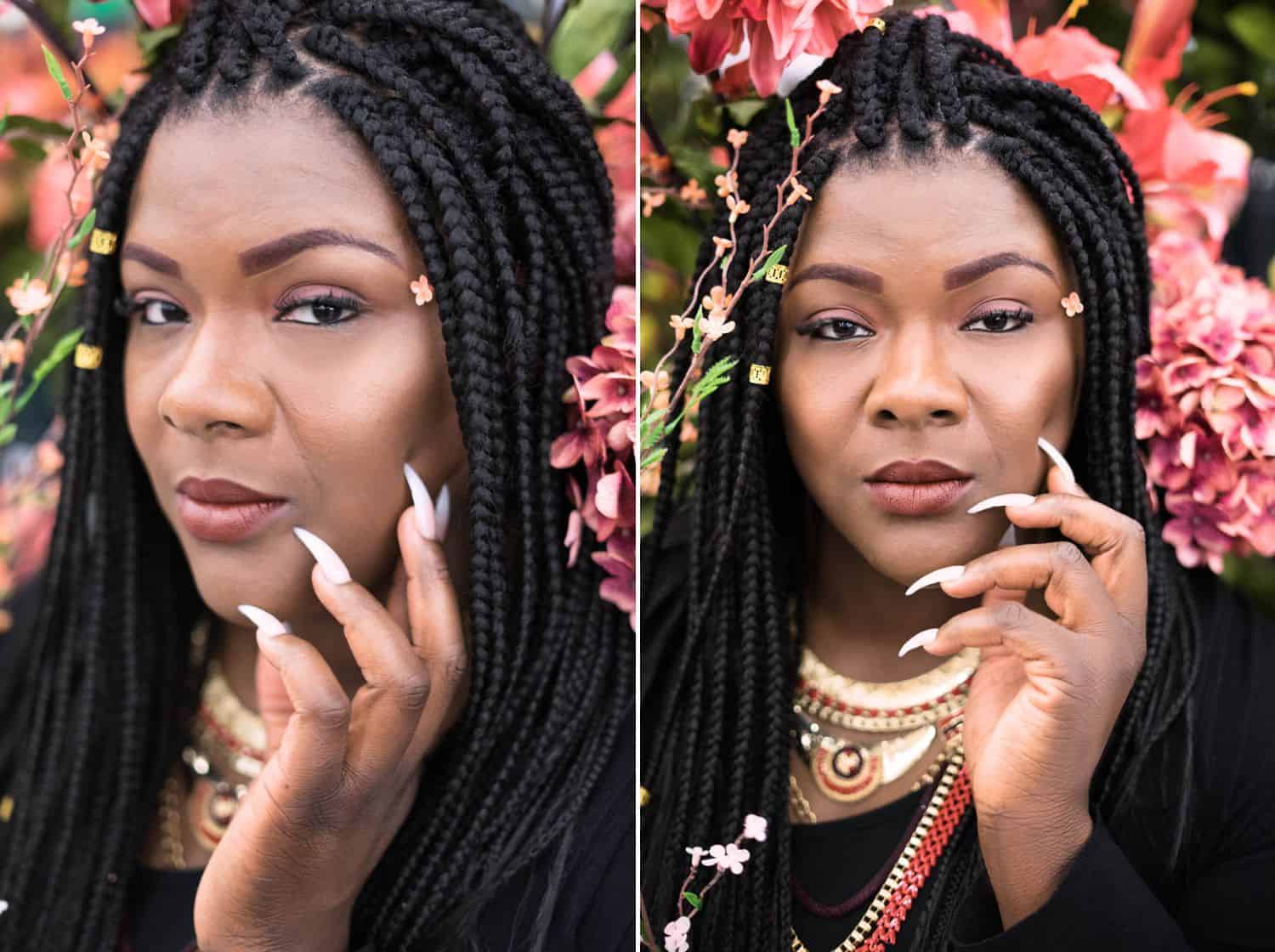 Close-up portraits of woman with flowers by Toni Black for her Michael's Challenge photo project.