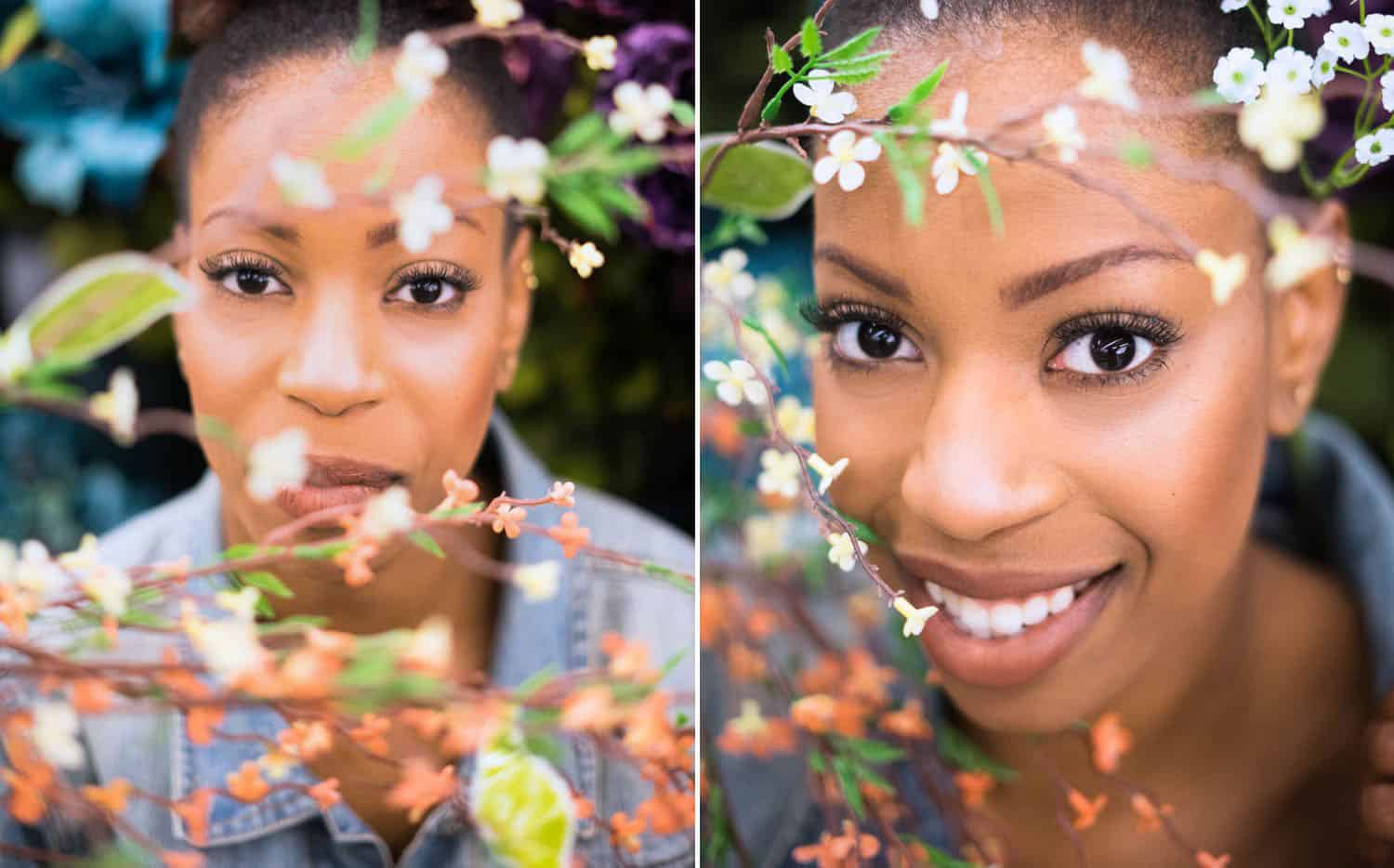 Close-up portrait of a woman with flowers as part of Toni Black's photo project.