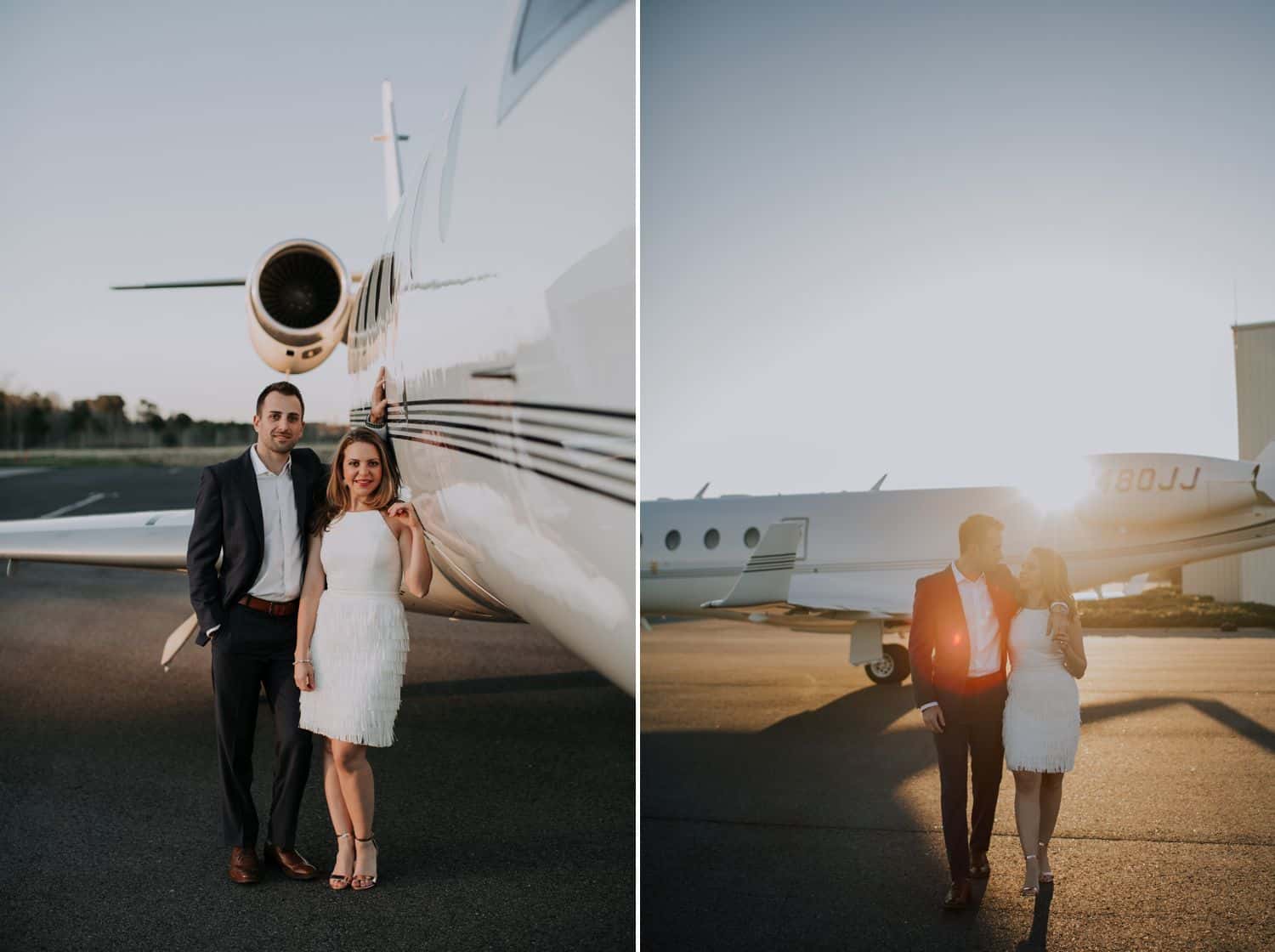 Photos of a couple posing near an airplane