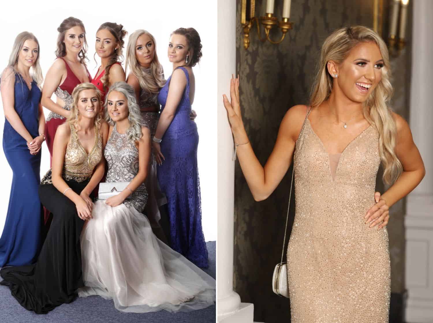 High school senior girls pose in their formal gowns for prom photography