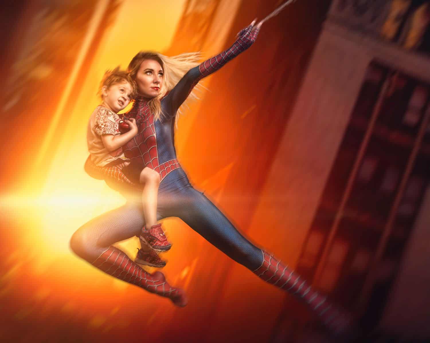 Freedom to create: Spidergirl cosplay with young child, digital art by Ryan Sims