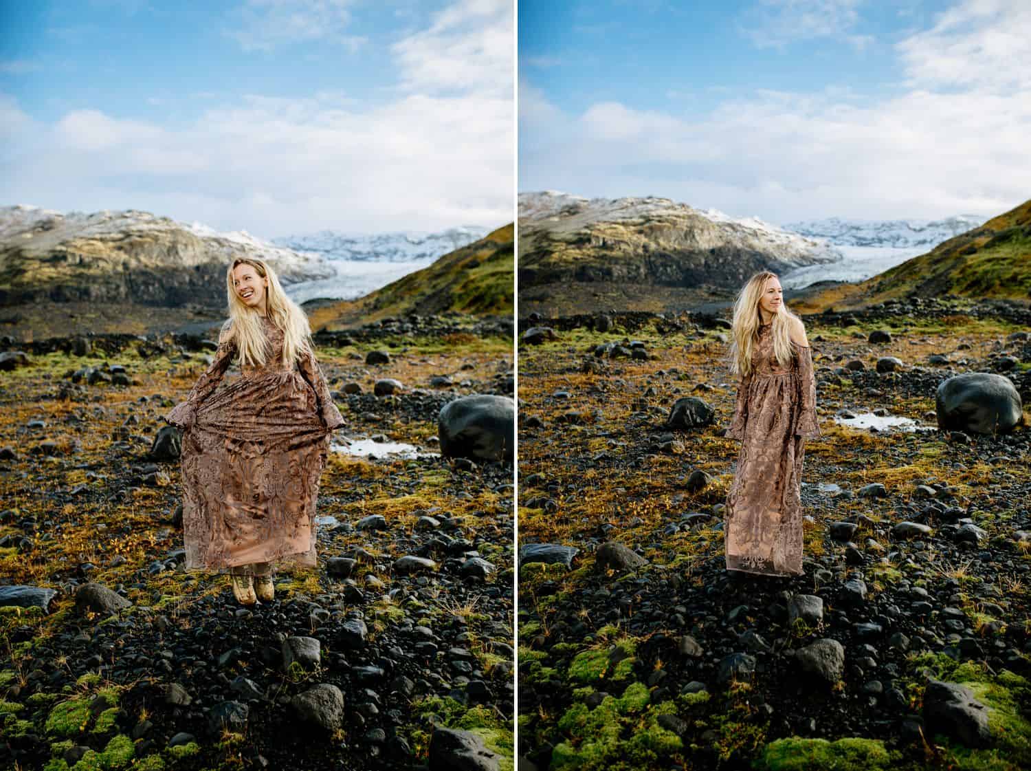 Woman in a brown lace dress stands in the Icelandic landscape