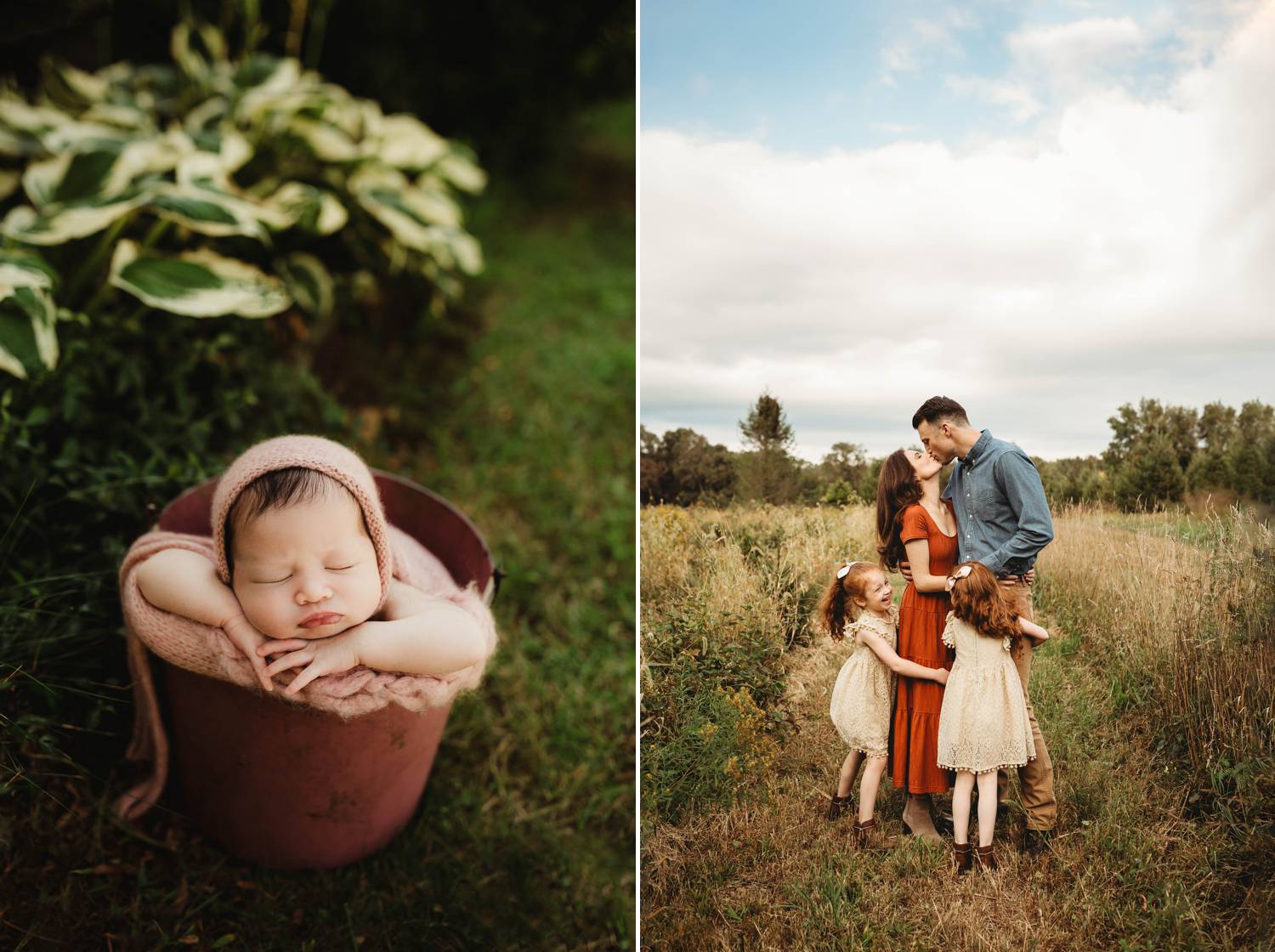 Outdoor newborn portrait. Dirt road family portrait