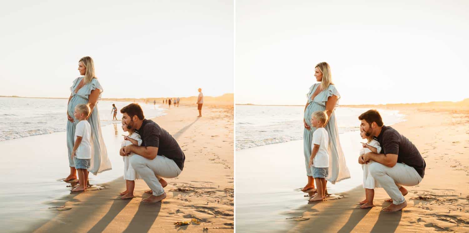 Before and after retouching family photo on the beach