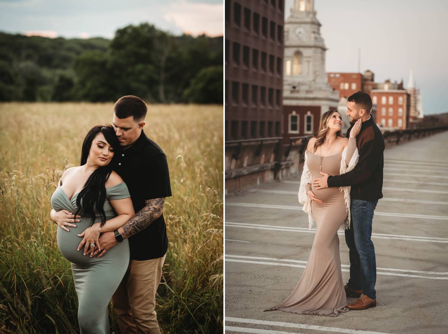 Couple maternity portrait in a field. City portrait of maternity couple.