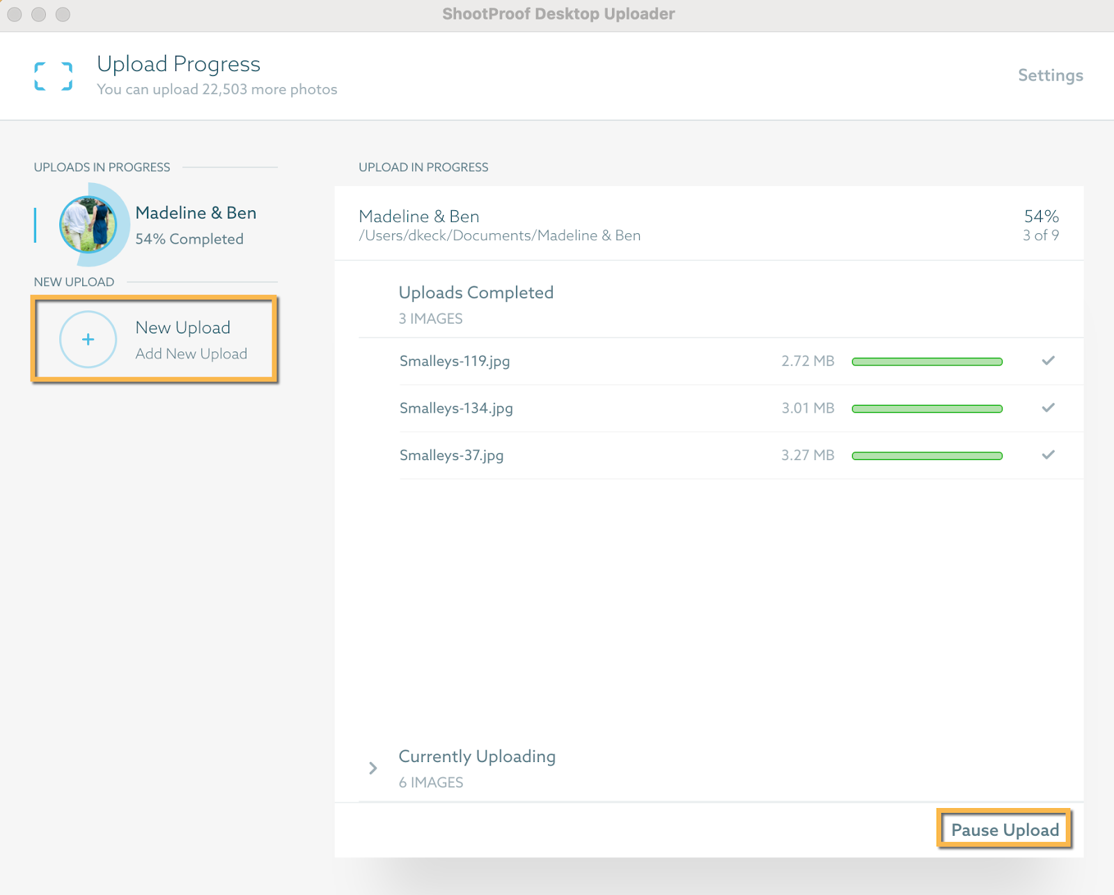 ShootProof desktop uploader uploading files