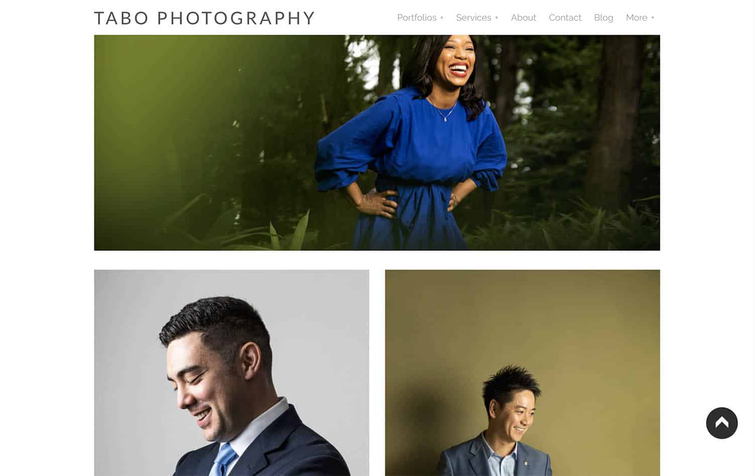 A page on Tabo Photography's website features an environmental portrait of a Black woman in a blue dress; a studio portrait of a white man in a suit; and another studio portrait of an Asian man in a suit.