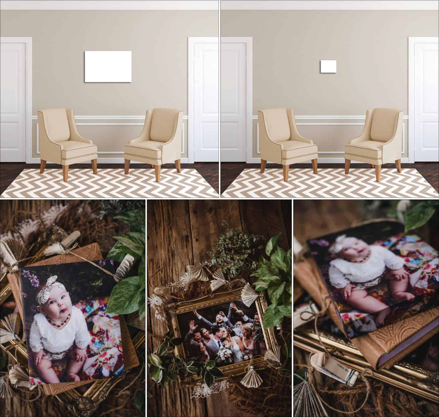 Twig & Olive's sample product images showing their canvases, frames, albums, and print sizes.