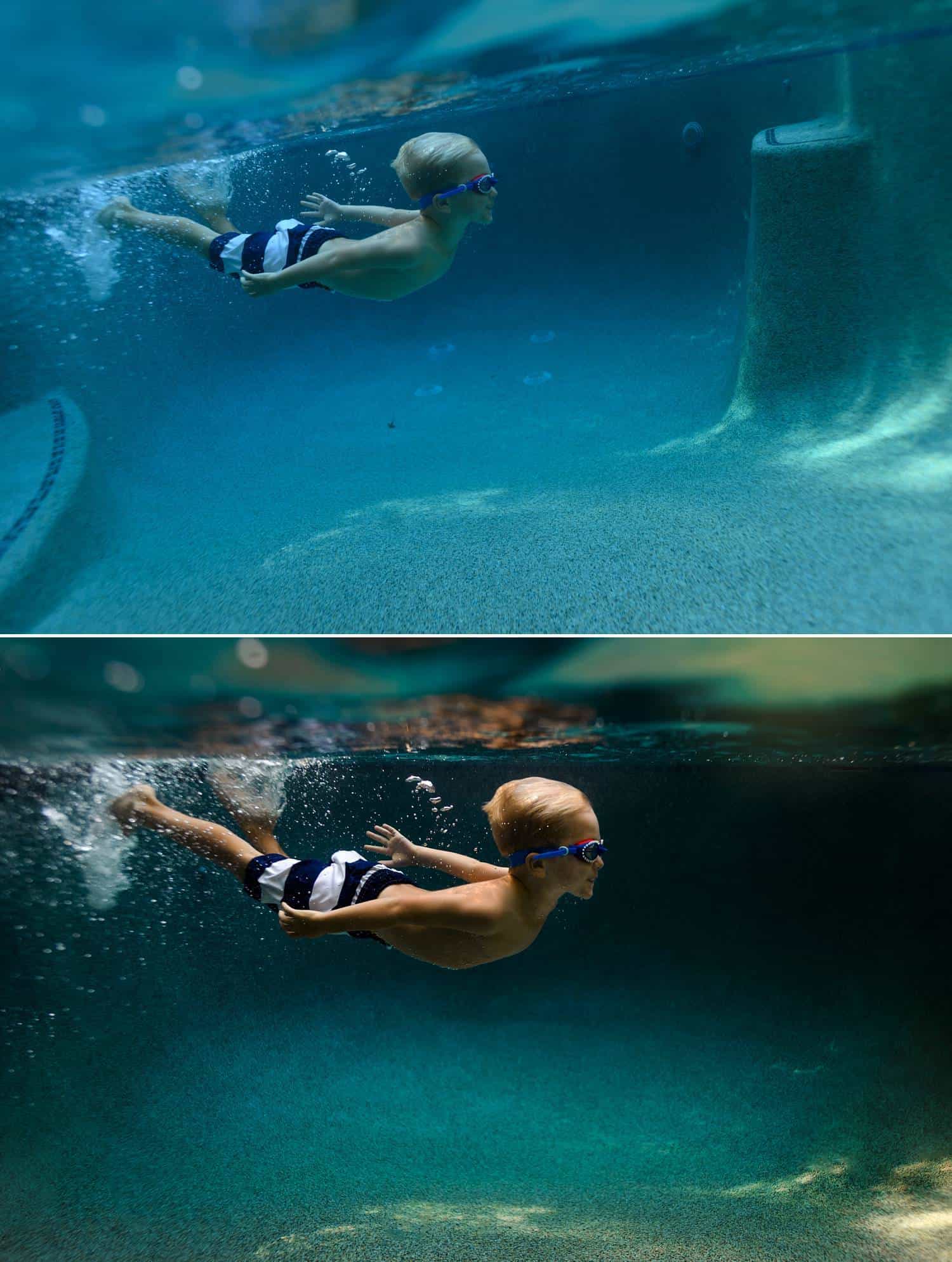 Before and after photos show the post-production process of one of Elizabeth Blank's underwater photographs. A child wearing striped swim trunks and goggles is swimming underwater with his arms stretched behind him.