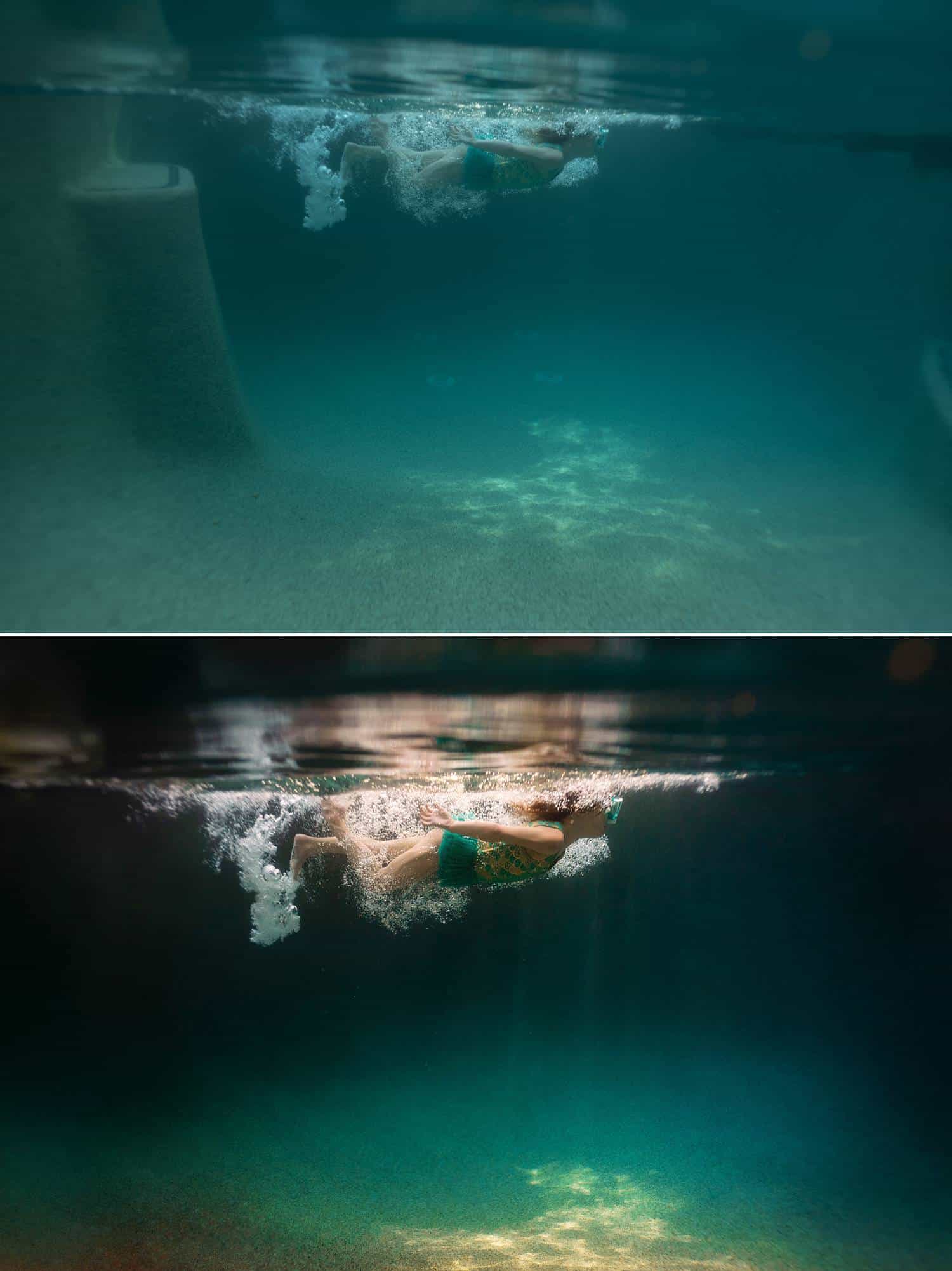 Before and after photos show the post-production process of one of Elizabeth Blank's underwater photographs