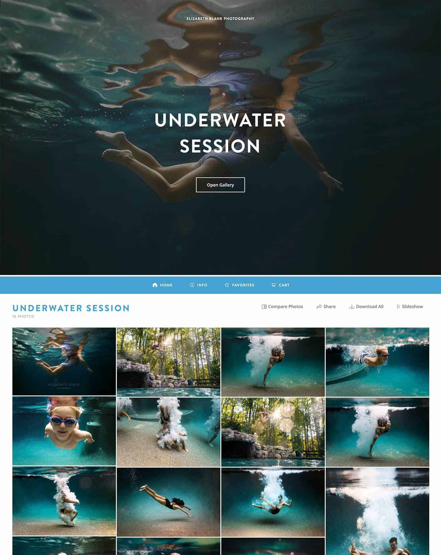 A ShootProof gallery for one of Elizabeth Blank's clients featuring children swimming underwater