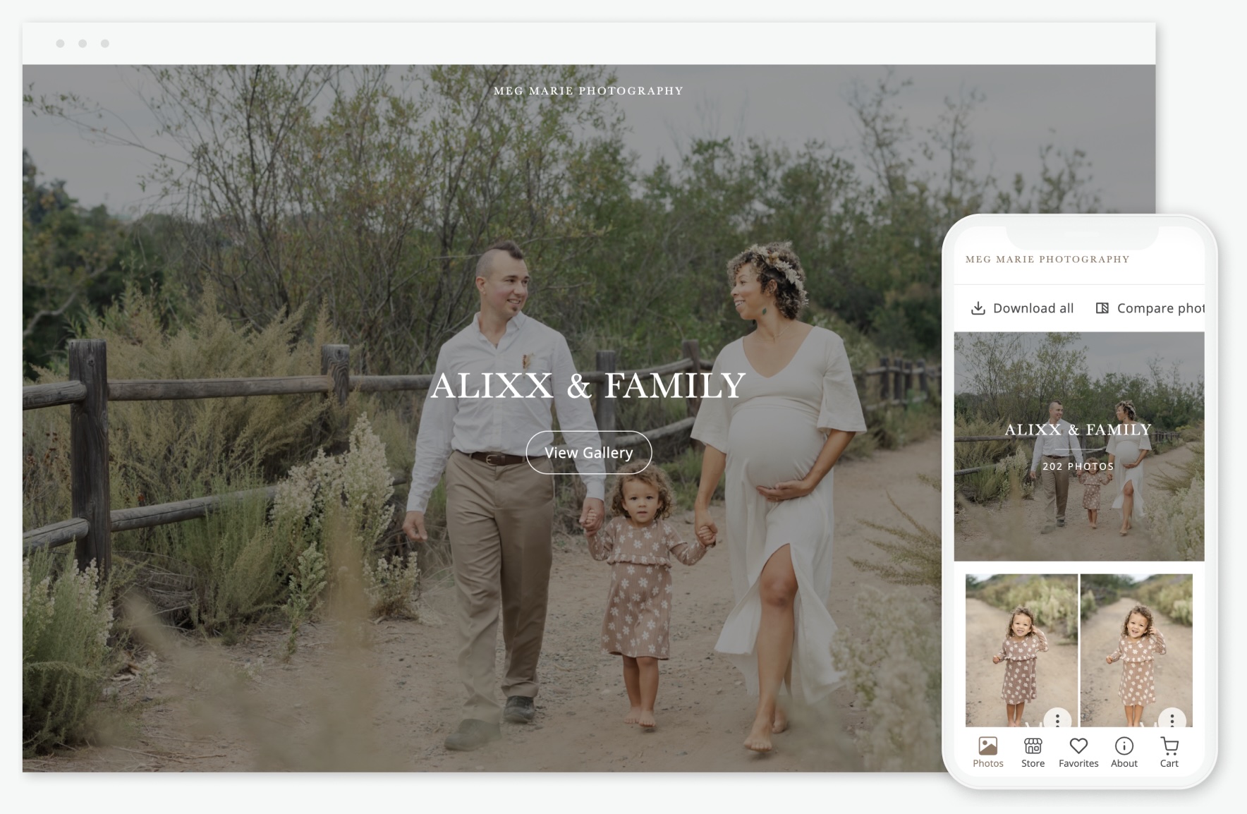 The image shows a website and mobile app interface for Meg Marie Photography, featuring a family portrait of a pregnant woman, a man, and a young child walking hand-in-hand on a nature trail. The website displays the family portrait with the text Alixx & Family and a View Gallery button, while the mobile app shows the same image with options to download or compare photos.