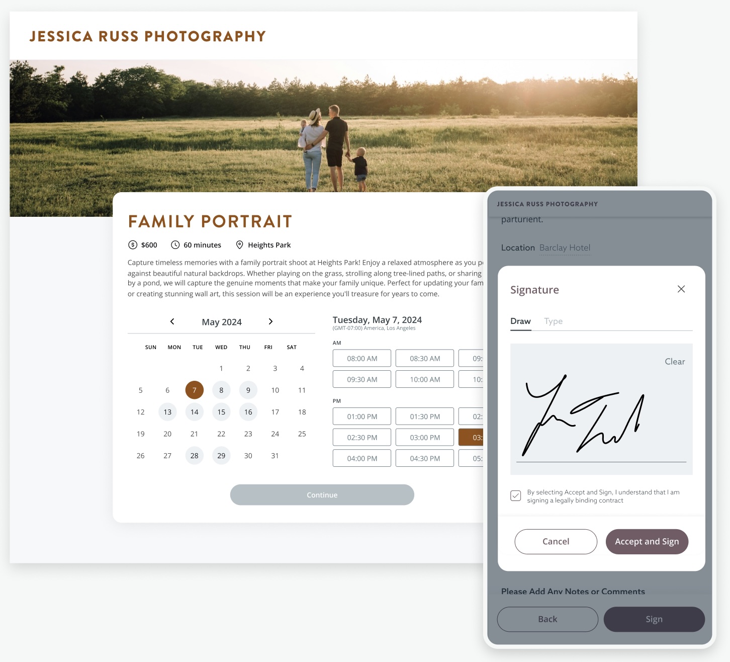 The image shows a website interface for booking a family portrait session with Jessica Russ Photography, featuring a scenic image of a family in a field, a calendar for selecting a date and time, and a pop-up window for signing a contract with a digital signature. The interface is clean and modern, with a focus on user experience.