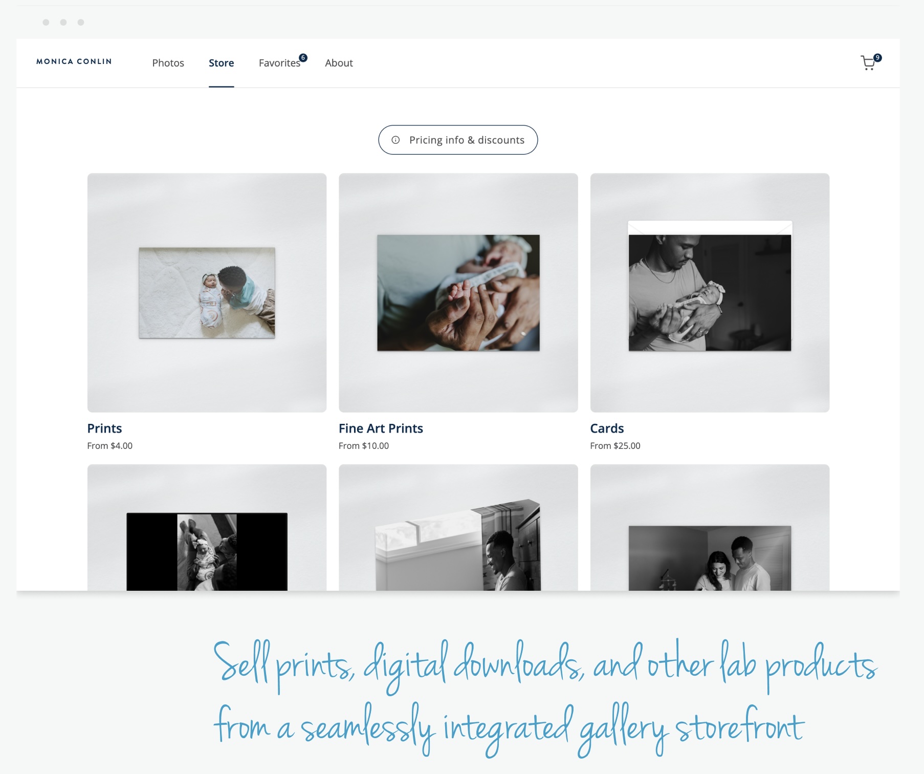 The image shows a webpage for an online store selling prints, fine art prints, and cards, featuring various photographs of people. The website is clean and modern, with a focus on showcasing the images for sale.