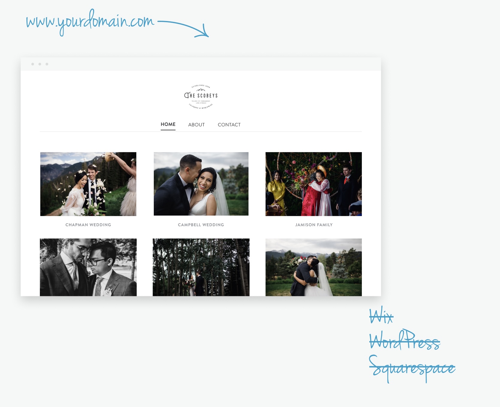 A screenshot of a website for The Scobeys wedding photography business, featuring a clean design with a logo, navigation menu, and a grid of wedding photos showcasing their work. The website is suggested to be built on Wix, WordPress, or Squarespace.